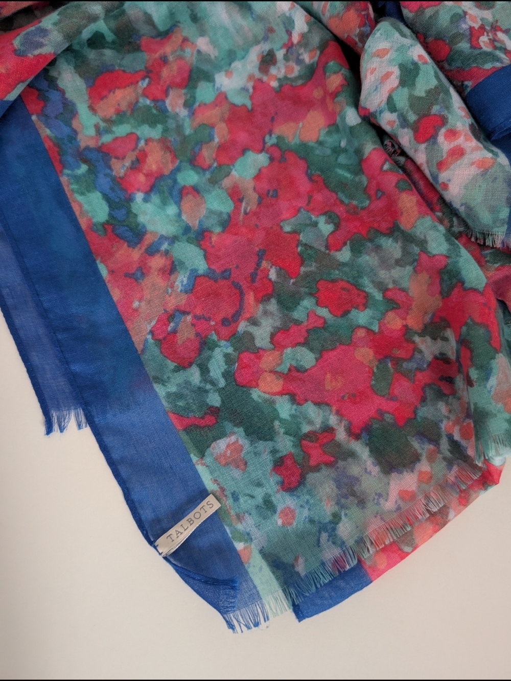 Talbots Women's Bright Floral Border Scarf in Blue and Pink